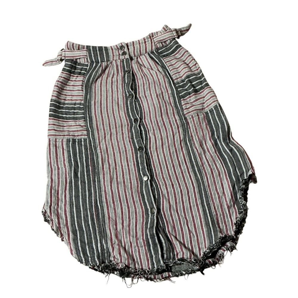 Free People Boho Striped Button Front Midi Skirt Womens Small Grey Frayed Hem
